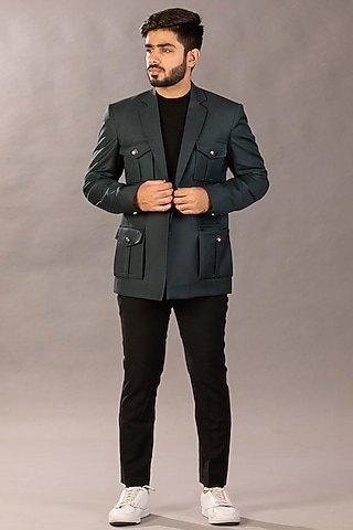 Green Polyester & Viscose Blazer by Tharun Kiron