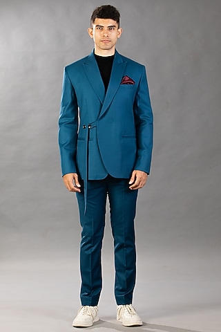 Peacock Blue Polyester & Viscose Pant Set by Tharun Kiron