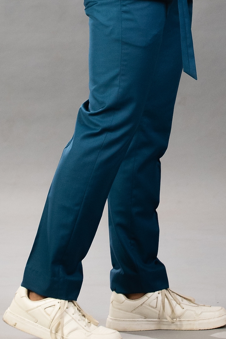 Peacock Blue Polyester & Viscose Pant Set by Tharun Kiron at Pernia's Pop Up Shop