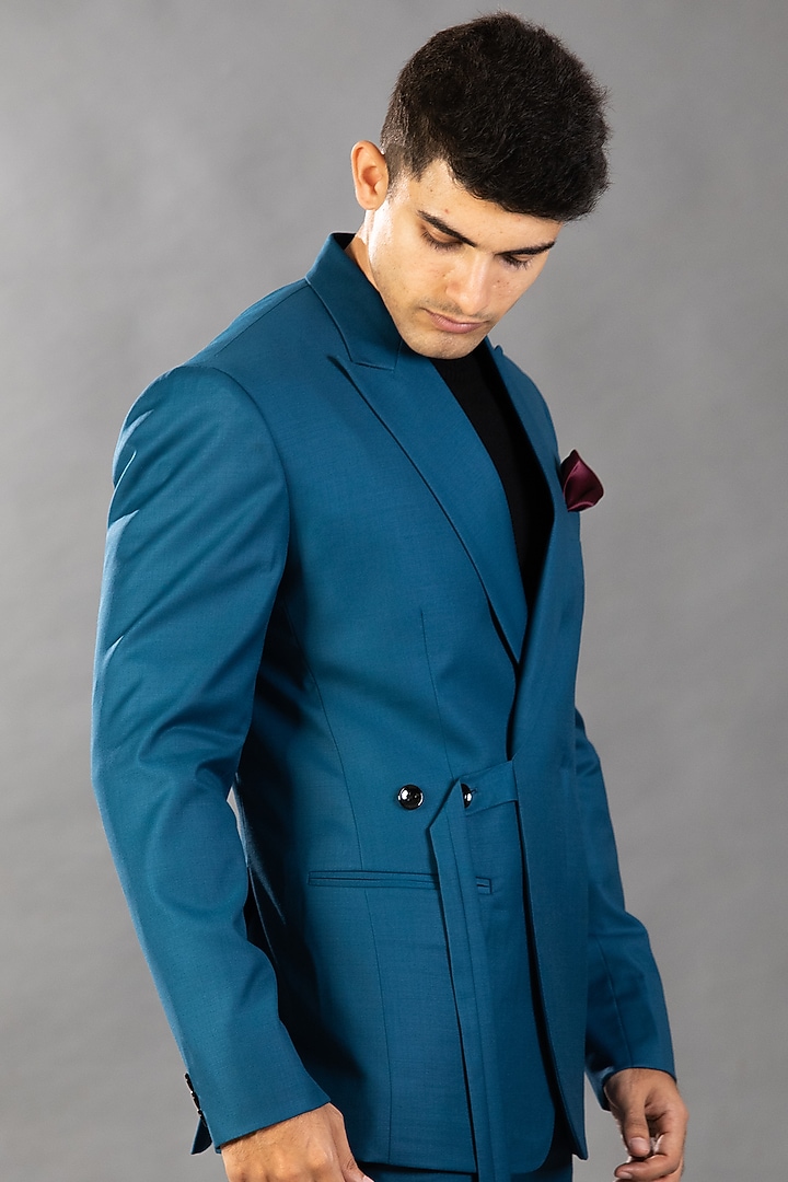 Peacock Blue Polyester & Viscose Pant Set by Tharun Kiron at Pernia's Pop Up Shop