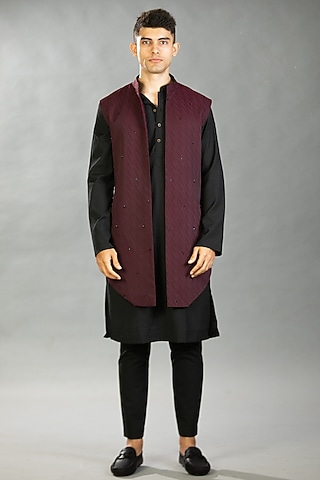 Maroon Polyester & Viscose Embroidered Bundi Set by Tharun Kiron