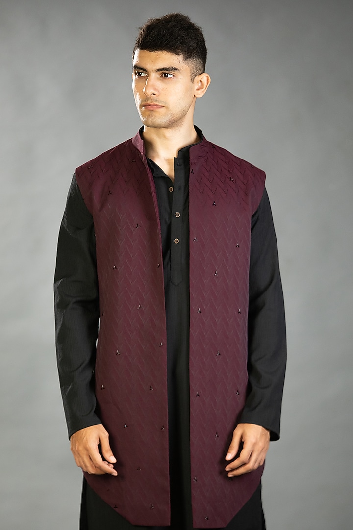 Maroon Polyester & Viscose Embroidered Bundi Set by Tharun Kiron at Pernia's Pop Up Shop