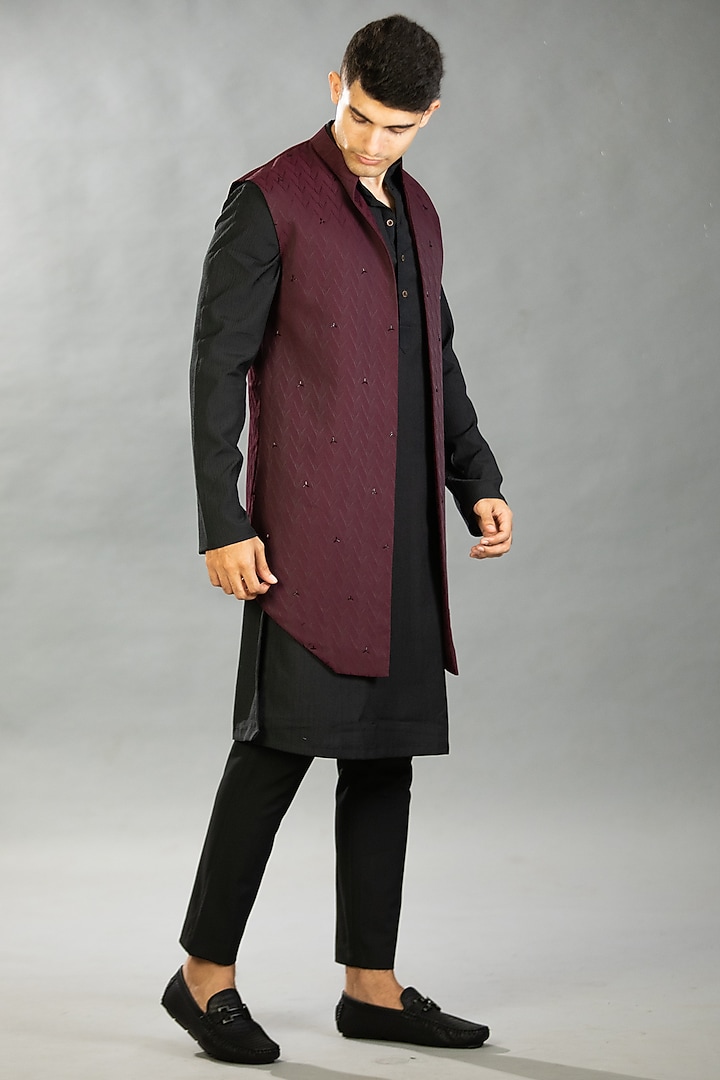 Maroon Polyester & Viscose Embroidered Bundi Set by Tharun Kiron at Pernia's Pop Up Shop