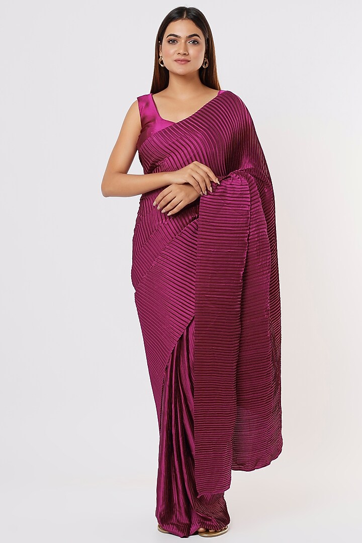 Wine Satin Pleated Festive Saree Set by Titliyan by KK at Pernia's Pop Up Shop