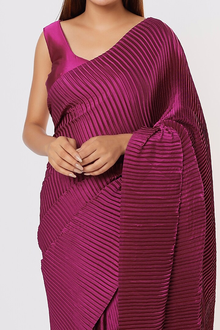 Wine Satin Pleated Festive Saree Set by Titliyan by KK at Pernia's Pop Up Shop