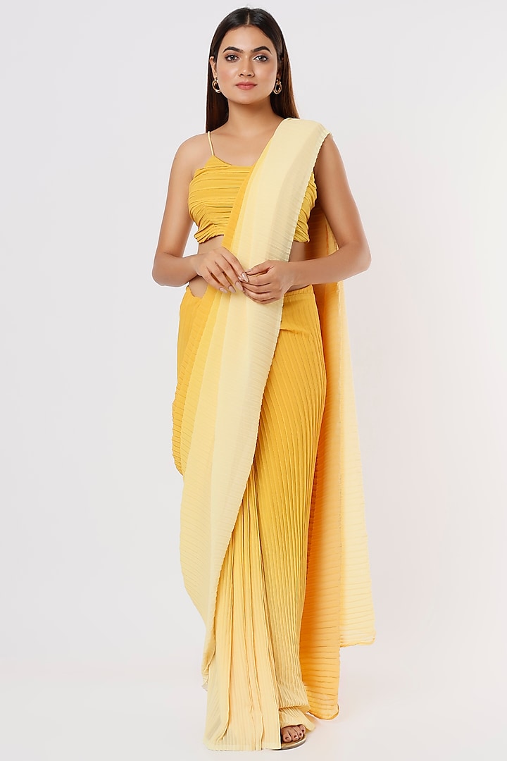 Dual Toned Yellow Pleated Saree Set by Titliyan by KK
