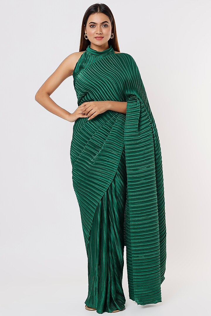 Green Satin Pleated Festive Saree Set by Titliyan by KK at Pernia's Pop Up Shop