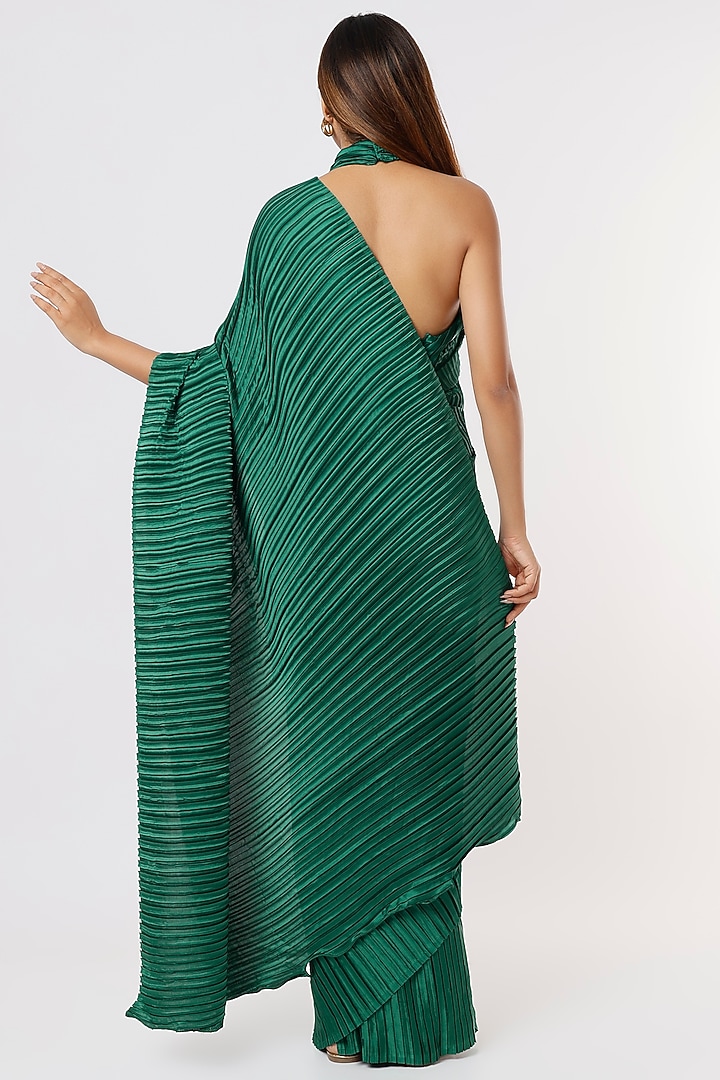 Green Satin Pleated Festive Saree Set by Titliyan by KK at Pernia's Pop Up Shop