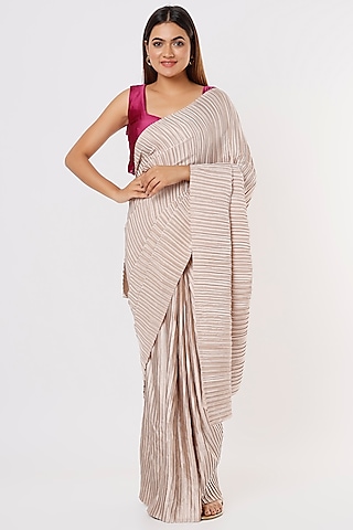 Beige Satin Pleated Saree Set by Titliyan by KK