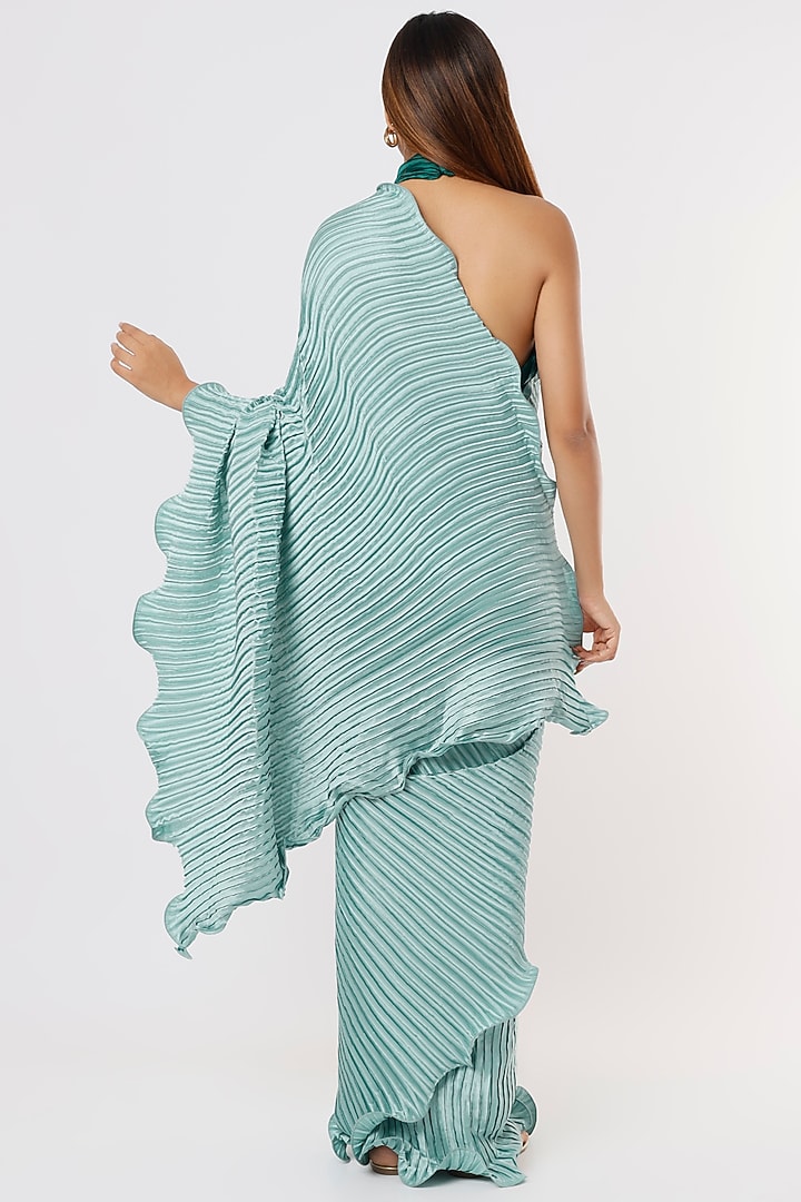 Ice Blue Satin Pleated Festive Saree Set by Titliyan by KK at Pernia's Pop Up Shop