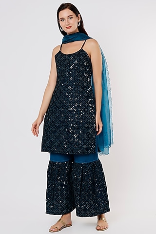Midnight Blue Velvet Sharara Set by Titliyan by KK