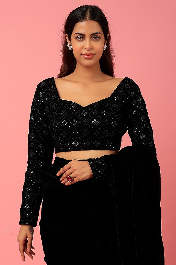 Black Velvet Pre-Stitched Festive Saree Set by Titliyan by KK at Pernia's Pop Up Shop