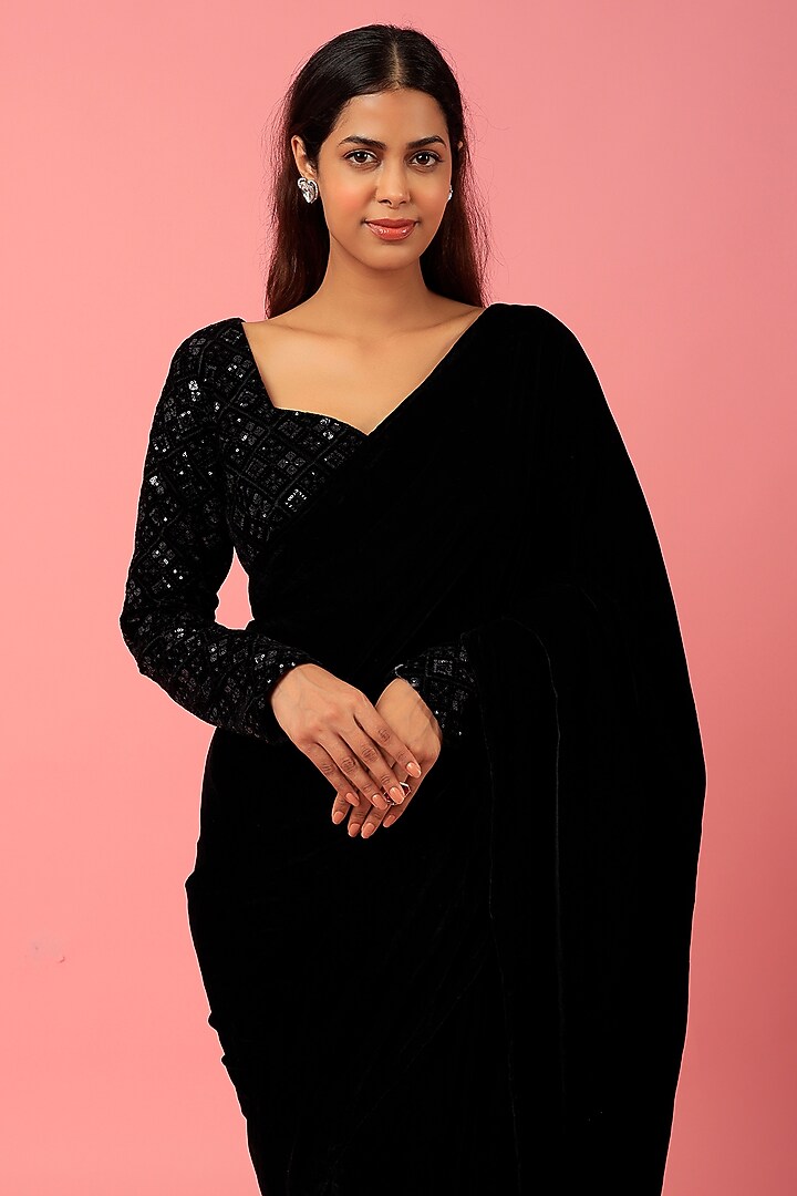Black Velvet Pre-Stitched Festive Saree Set by Titliyan by KK at Pernia's Pop Up Shop