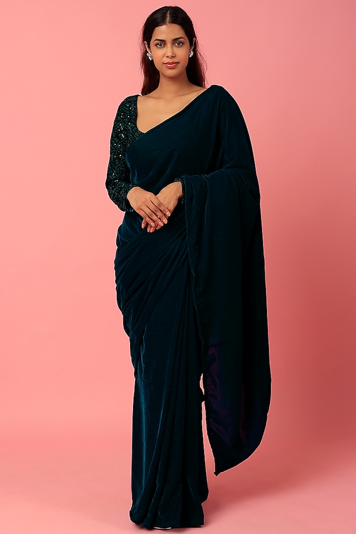 Royal Blue Velvet Pre-Stitched Saree Set by Titliyan by KK