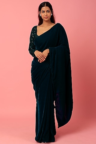 Royal Blue Velvet Pre-Stitched Saree Set by Titliyan by KK