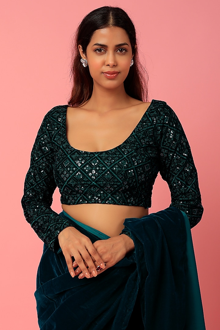 Royal Blue Velvet Pre-Stitched Festive Saree Set by Titliyan by KK at Pernia's Pop Up Shop