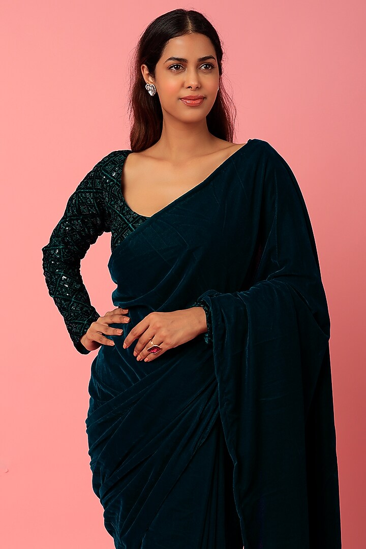 Royal Blue Velvet Pre-Stitched Festive Saree Set by Titliyan by KK at Pernia's Pop Up Shop