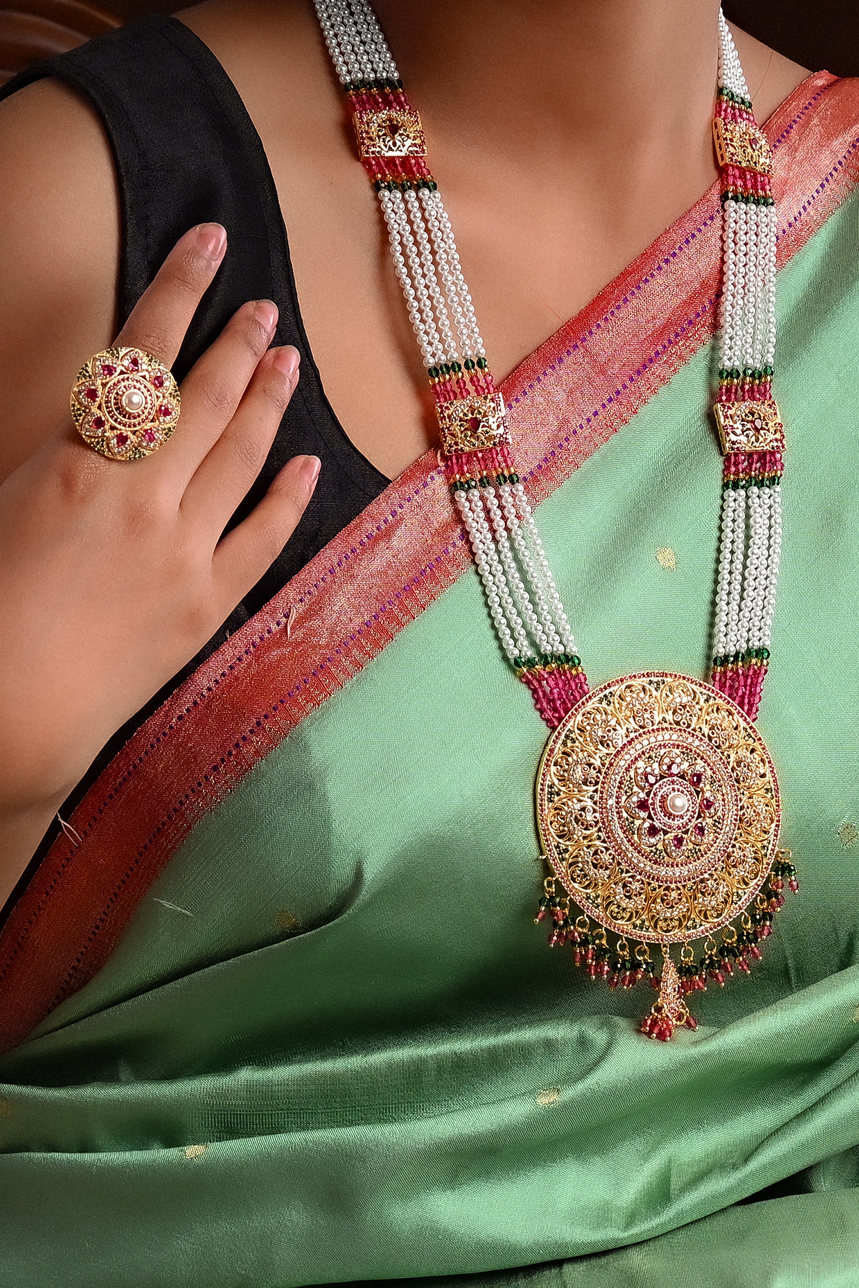 Gold Plated Imitation Stone & Pearl Long Necklace by Totapari at Pernia's Pop Up Shop
