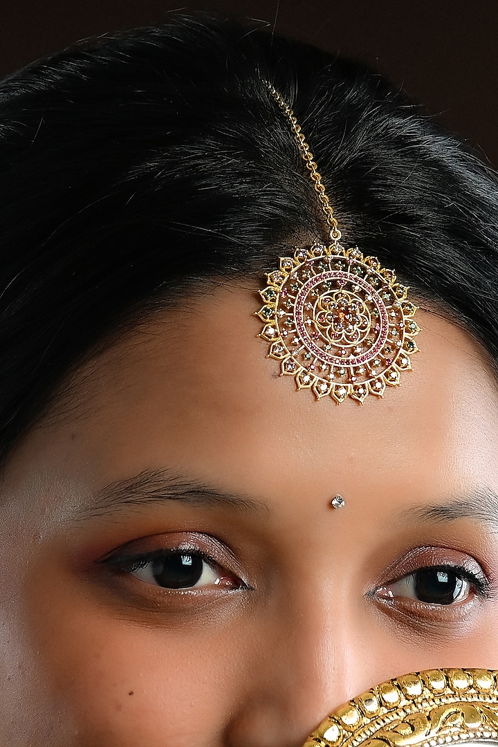 Gold Plated Imitation Stone & Faux Pearl Maang Tikka by Totapari at Pernia's Pop Up Shop