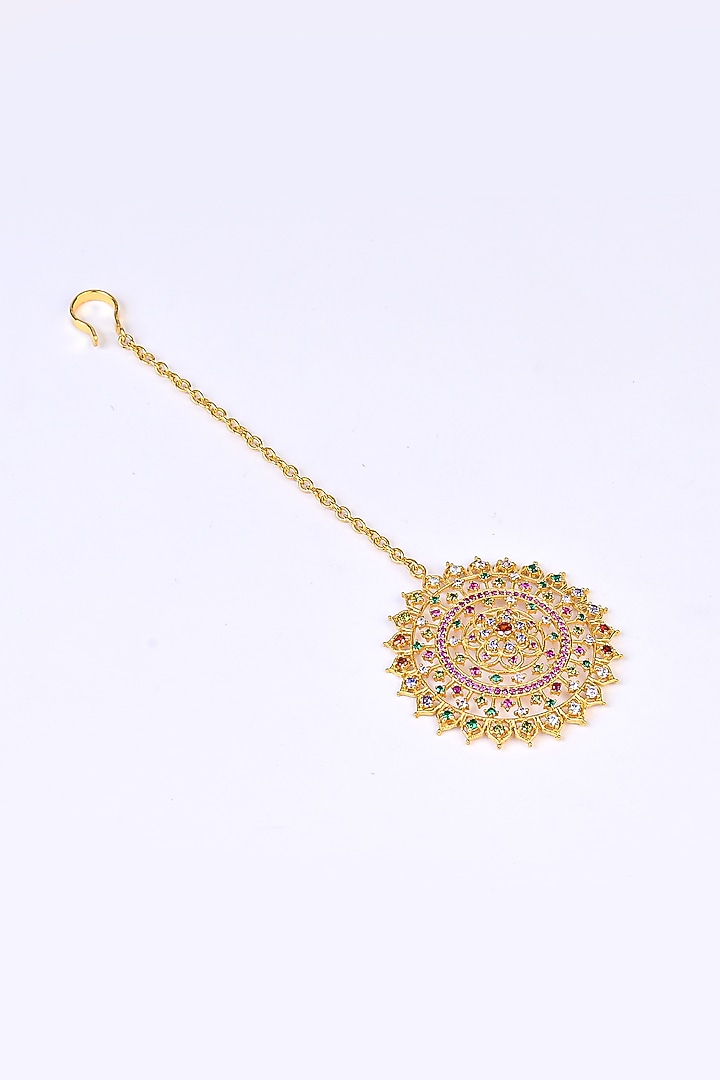 Gold Plated Imitation Stone & Faux Pearl Maang Tikka by Totapari at Pernia's Pop Up Shop