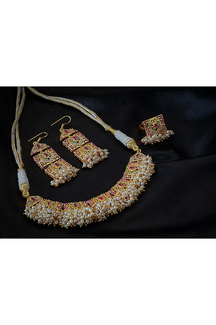 Gold Plated Lab Created Stone & Pearl Choker Necklace Set by Totapari at Pernia's Pop Up Shop