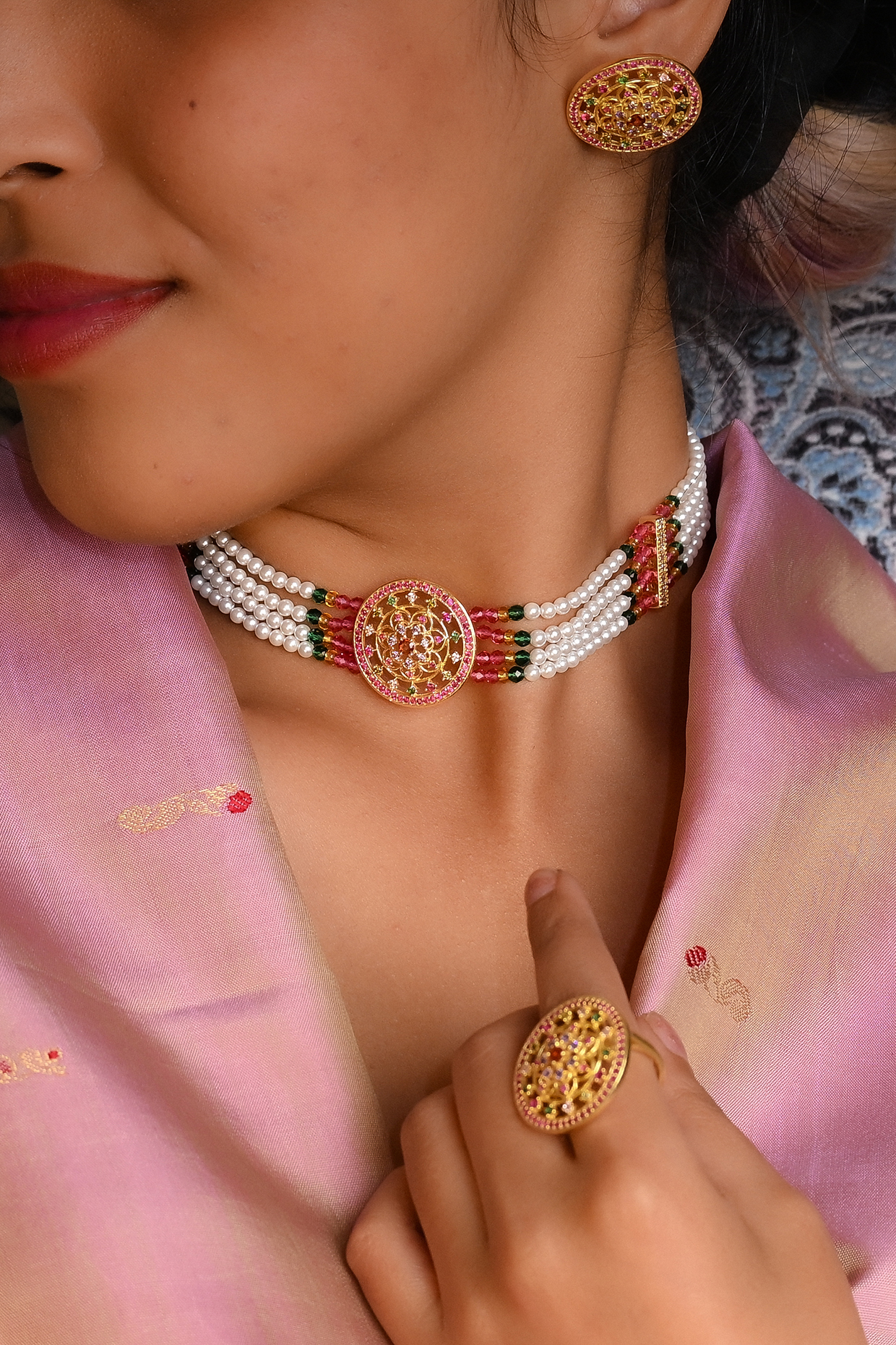 Gold Plated Lab Created Stone & Pearl Choker Necklace Set by Totapari at Pernia's Pop Up Shop