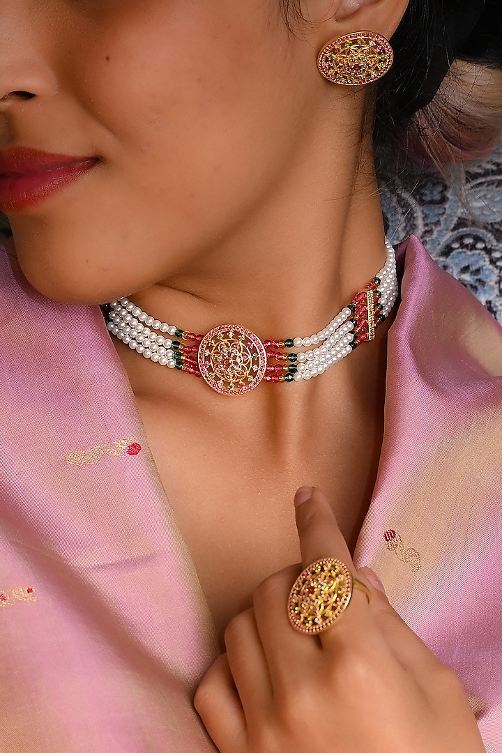 Gold Plated Lab Created Stone & Pearl Choker Necklace Set by Totapari at Pernia's Pop Up Shop
