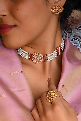 Gold Plated Lab Created Stone & Pearl Choker Necklace Set by Totapari