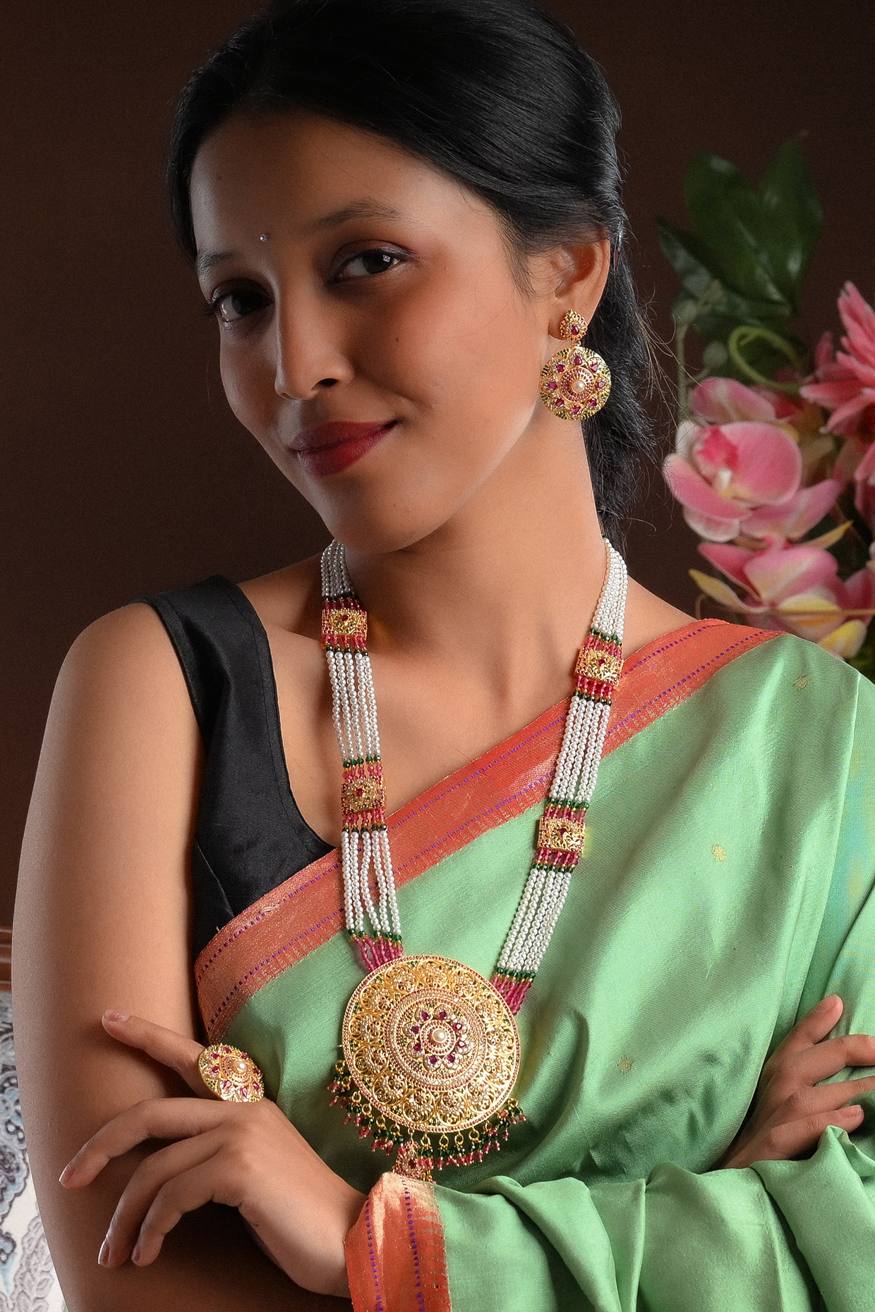 Gold Plated Lab Created Stone & Pearl Long Necklace Set by Totapari at Pernia's Pop Up Shop