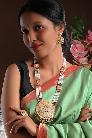 Gold Plated Lab Created Stone & Pearl Long Necklace Set by Totapari
