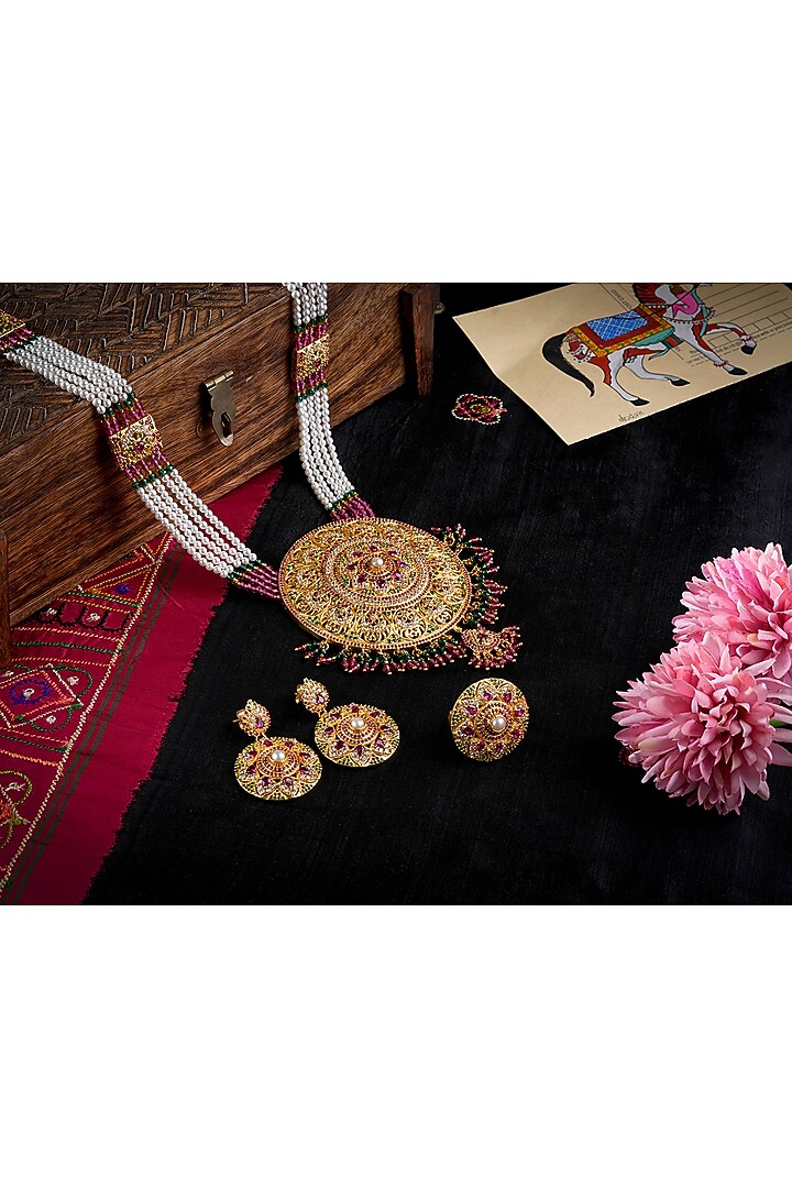 Gold Plated Lab Created Stone & Pearl Long Necklace Set by Totapari at Pernia's Pop Up Shop