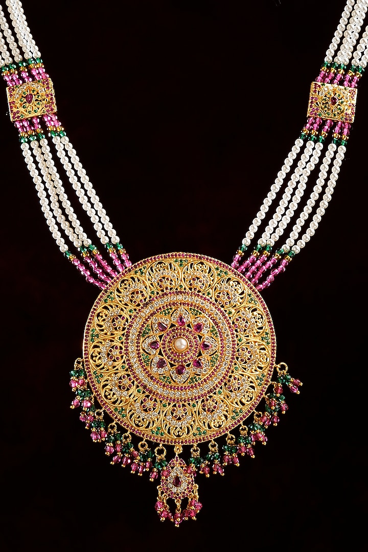 Gold Plated Lab Created Stone & Pearl Long Necklace Set by Totapari at Pernia's Pop Up Shop