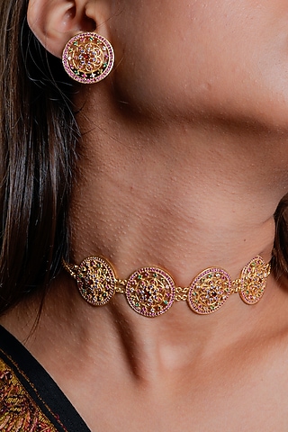 Gold Plated Lab Created Stone & Pearl Choker Necklace Set by Totapari
