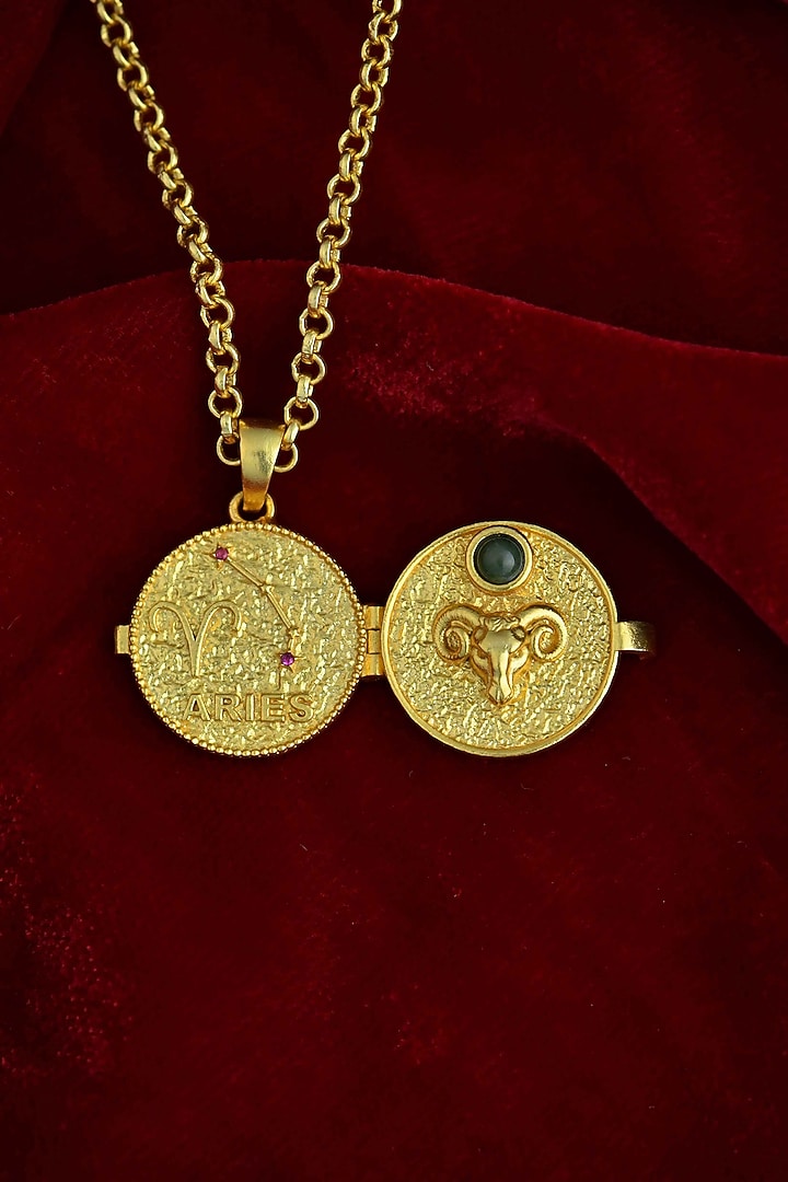 Gold Plated Bloodstone Aries Photo Locket Necklace by Totapari at Pernia's Pop Up Shop