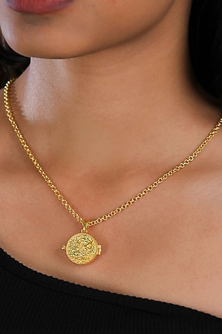 Gold Plated Rose Quartz Stone Taurus Photo Locket Necklace by Totapari
