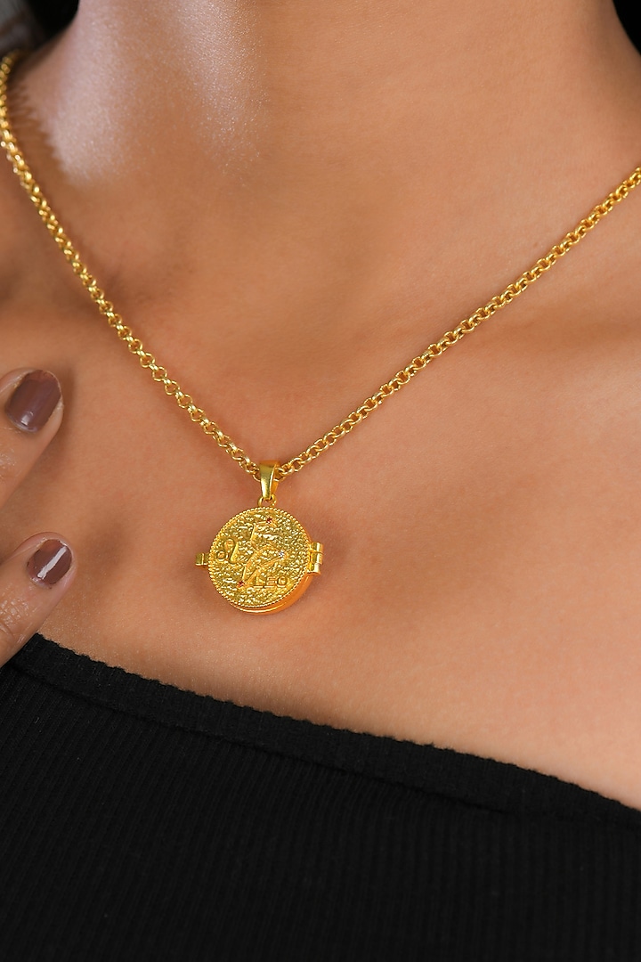 Gold Plated Black Onyx Stone Leo Photo Locket Necklace by Totapari at Pernia's Pop Up Shop
