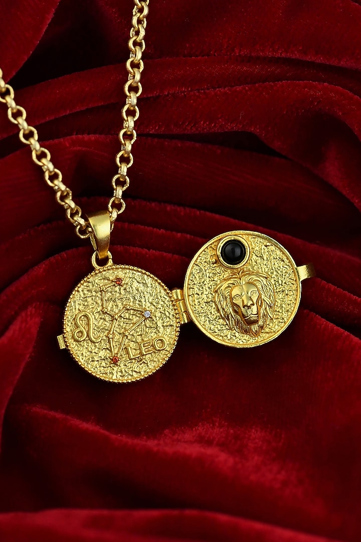 Gold Plated Black Onyx Stone Leo Photo Locket Necklace by Totapari at Pernia's Pop Up Shop