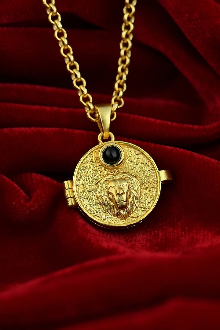Gold Plated Black Onyx Stone Leo Photo Locket Necklace by Totapari at Pernia's Pop Up Shop