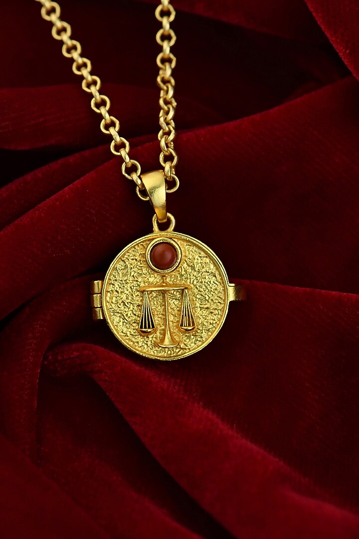 Gold Plated Red Jasper Stone Libra Photo Locket Necklace by Totapari at Pernia's Pop Up Shop