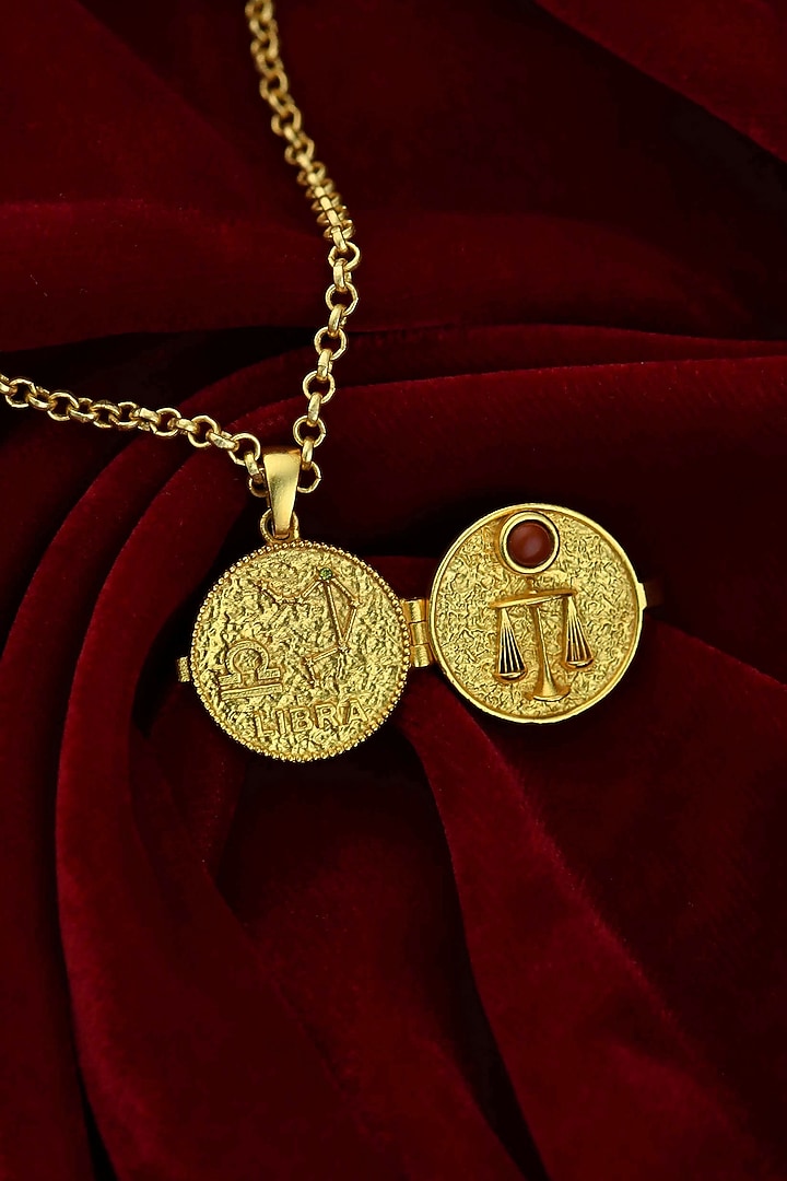 Gold Plated Red Jasper Stone Libra Photo Locket Necklace by Totapari at Pernia's Pop Up Shop
