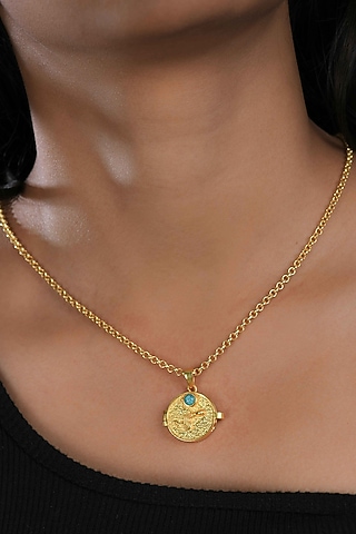 Gold Plated Turquoise Stone Aquarius Photo Locket Necklace by Totapari