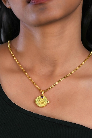 Gold Plated Amethyst Stone Pisces Photo Locket Necklace by Totapari