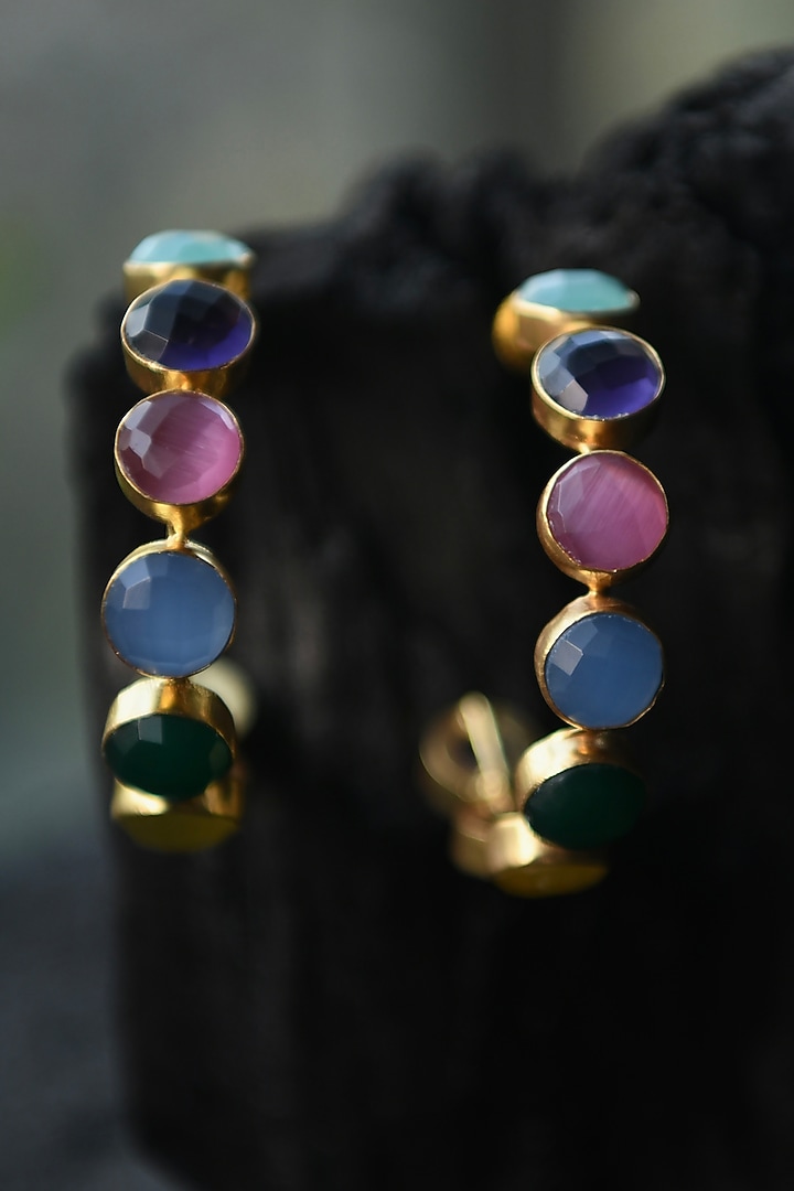 Gold Finish Semi-Precious Stone Hoop Earrings by Totapari at Pernia's Pop Up Shop
