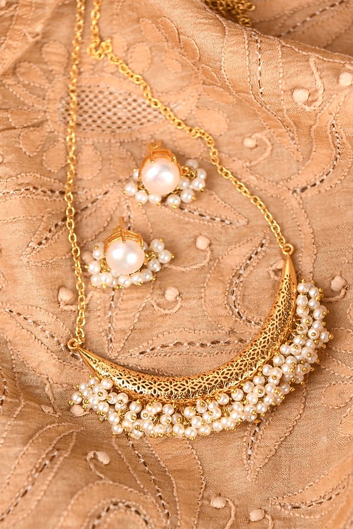 Gold Finish Pearl Necklace Set by Totapari at Pernia's Pop Up Shop