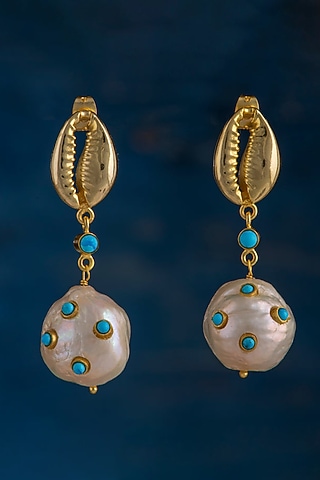 Gold Finish Pearl Stud Earrings by Totapari