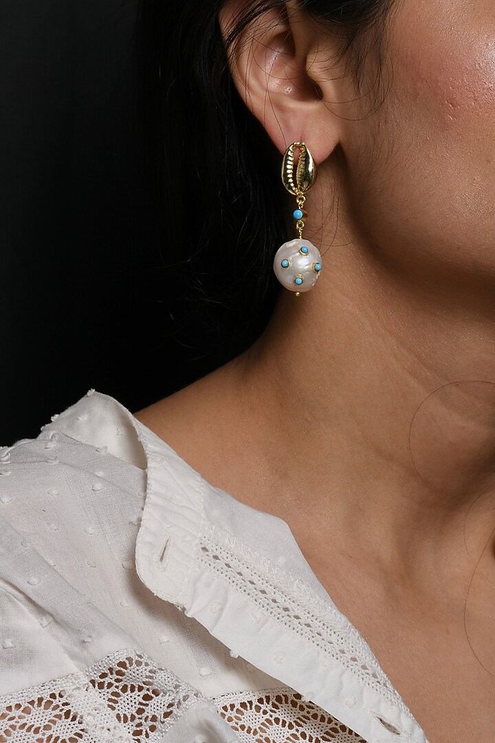 Gold Finish Pearl Stud Earrings by Totapari at Pernia's Pop Up Shop