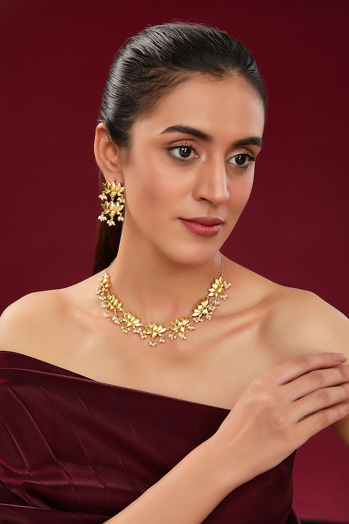 Gold Plated Pearl Motif Necklace Set by Totapari
