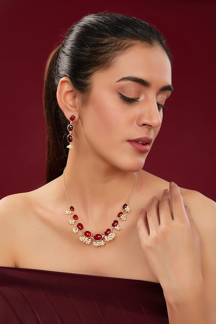 Gold Plated Synthetic Ruby Stone & Pearl Necklace Set by Totapari