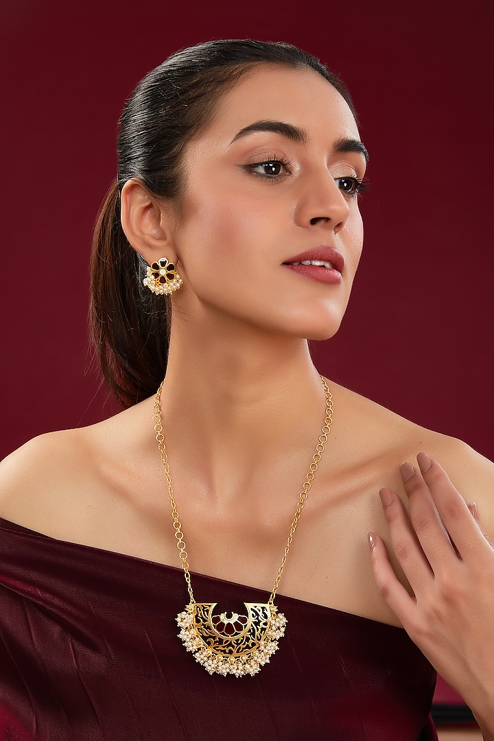 Gold Plated Pearl Enamelled Necklace Set by Totapari