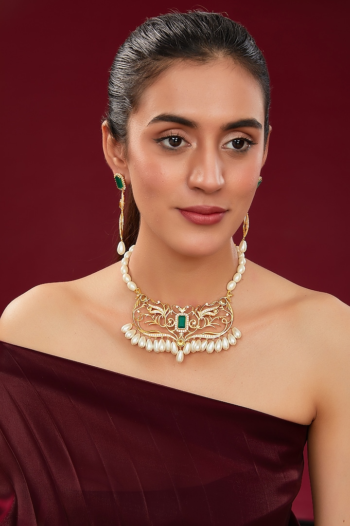 Gold Plated Emerald Stone & Zircon Necklace Set by Totapari